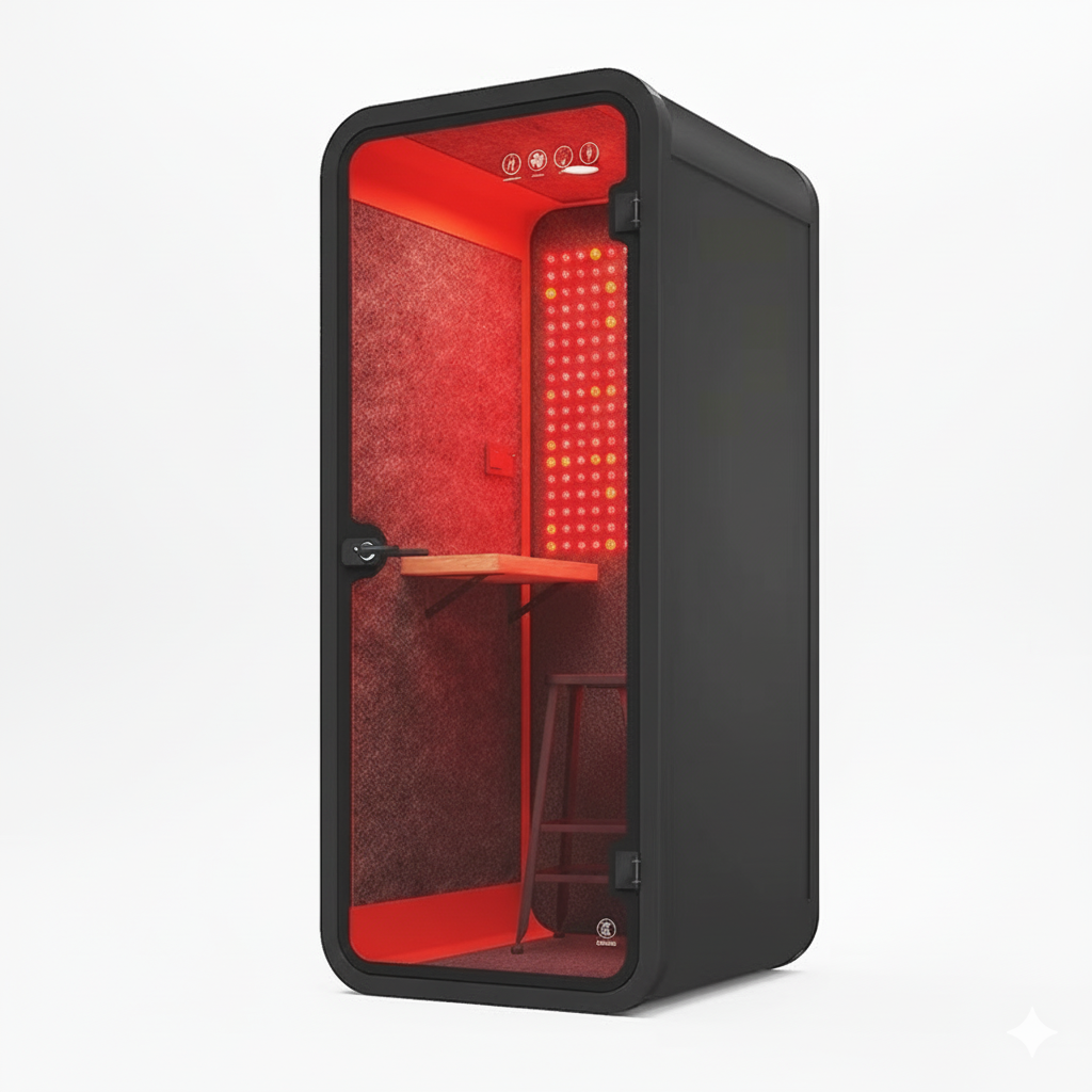 Red Aura Bio-Focus Pods: Soundproof Office Pods with Integrated Red Light Therapy (1-6 Person Wellness Workspaces)