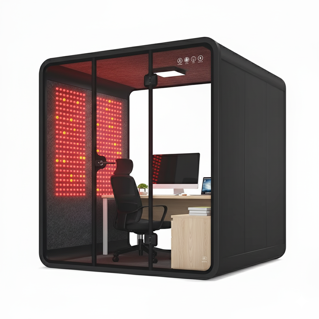 Red Aura Bio-Focus Pods: Soundproof Office Pods with Integrated Red Light Therapy (1-6 Person Wellness Workspaces)