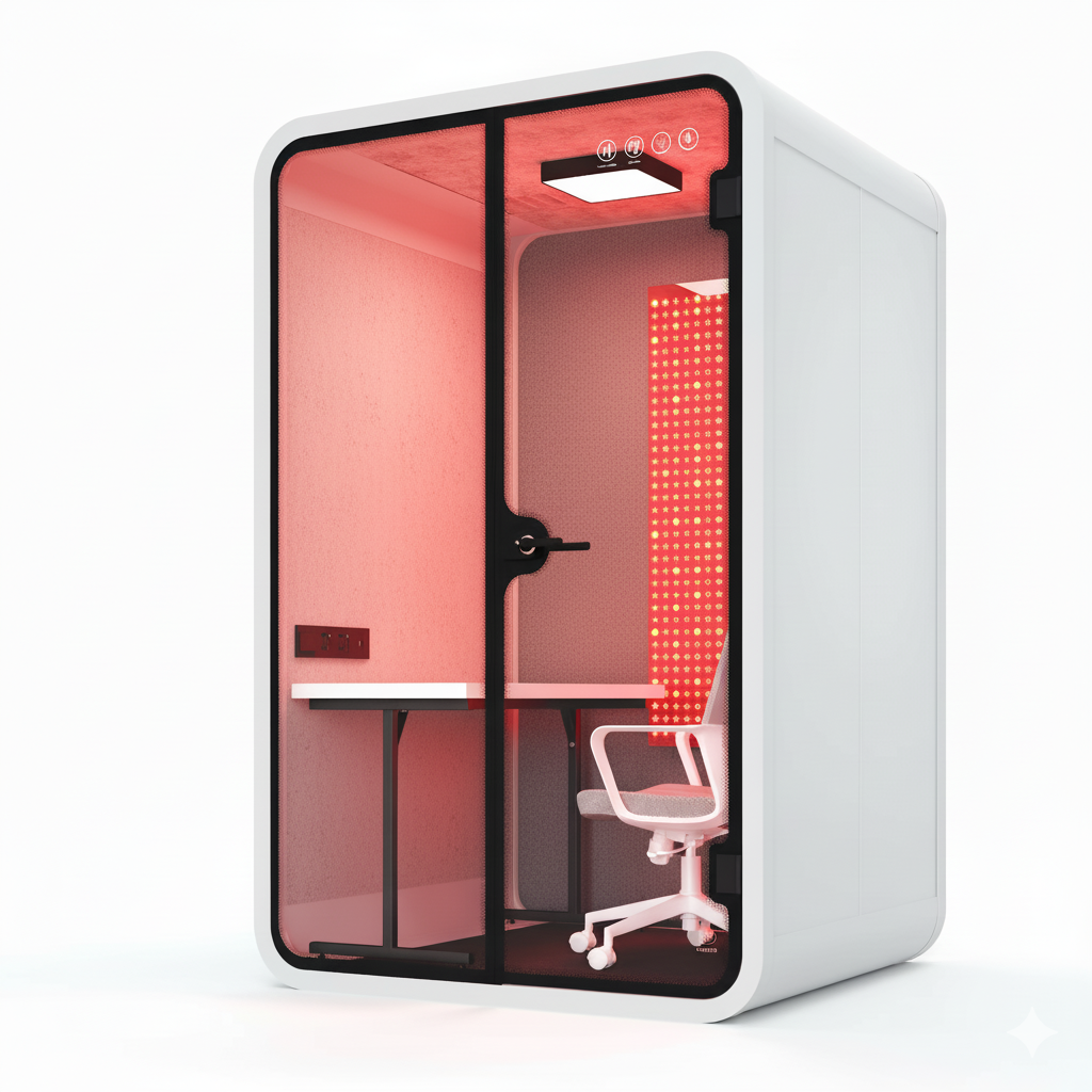 Red Aura Bio-Focus Pods: Soundproof Office Pods with Integrated Red Light Therapy (1-6 Person Wellness Workspaces)