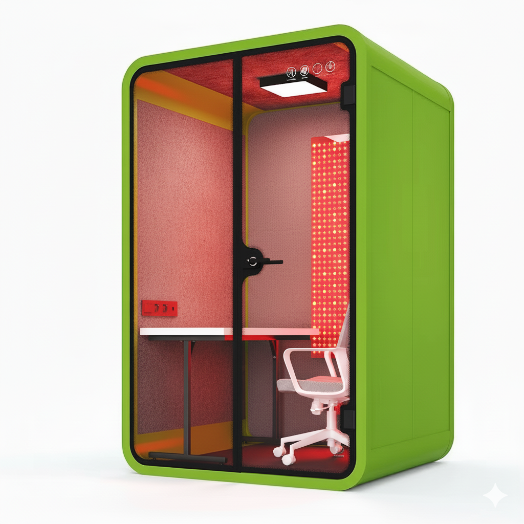 Red Aura Bio-Focus Pods: Soundproof Office Pods with Integrated Red Light Therapy (1-6 Person Wellness Workspaces)
