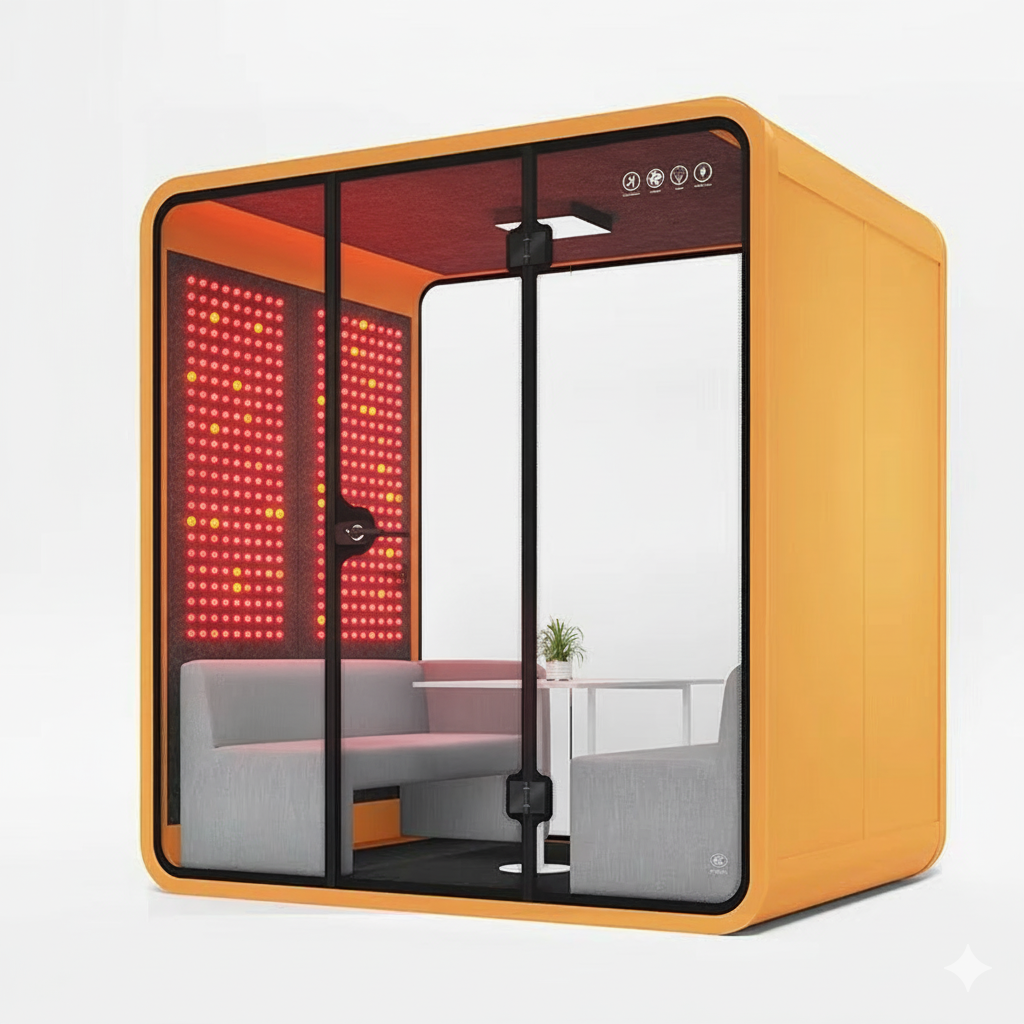 Red Aura Bio-Focus Pods: Soundproof Office Pods with Integrated Red Light Therapy (1-6 Person Wellness Workspaces)