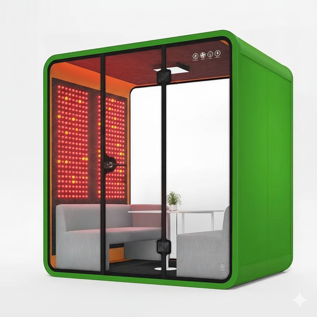 Red Aura Bio-Focus Pods: Soundproof Office Pods with Integrated Red Light Therapy (1-6 Person Wellness Workspaces)
