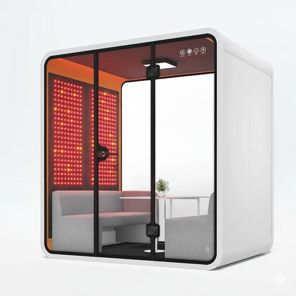 Red Aura Bio-Focus Pods: Soundproof Office Pods with Integrated Red Light Therapy (1-6 Person Wellness Workspaces)