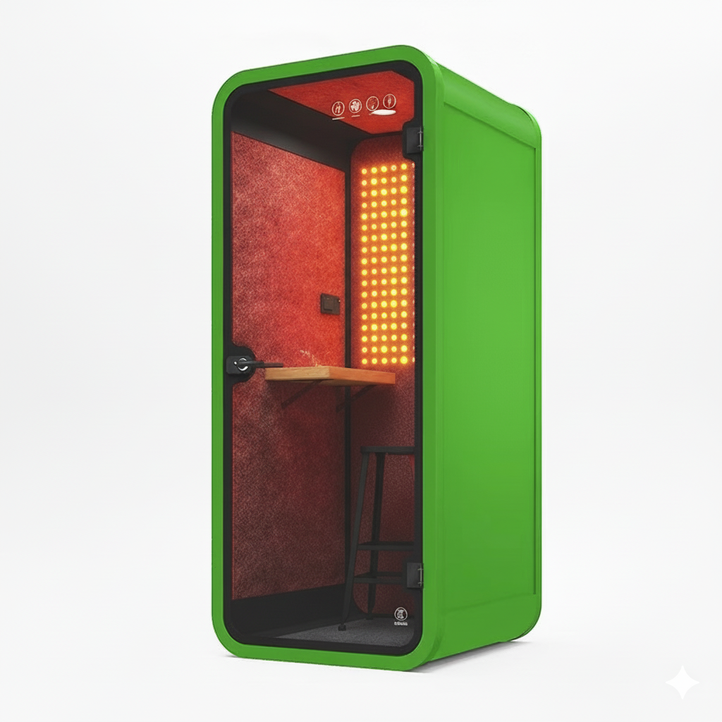 Red Aura Bio-Focus Pods: Soundproof Office Pods with Integrated Red Light Therapy (1-6 Person Wellness Workspaces)